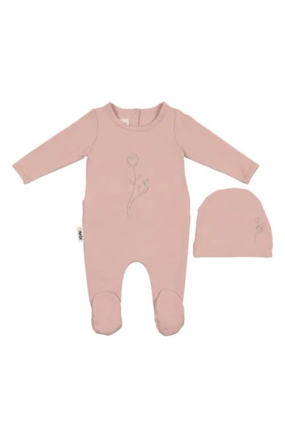 Maniere Babies' Manière Embroidered Rose Footie & Hat Set In Pink