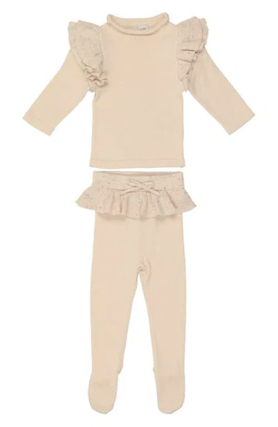 MANIERE MANIÈRE FLECKED RUFFLE LONG SLEEVE COTTON BLEND TOP & LEGGINGS SET