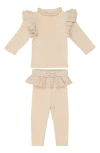 Maniere Manière Flecked Ruffle Long Sleeve Cotton Blend Top & Leggings Set In Cream