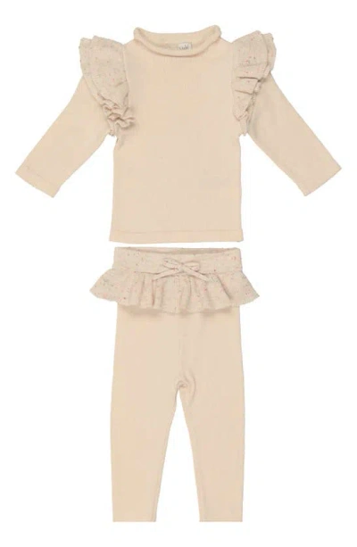 MANIERE MANIÈRE FLECKED RUFFLE LONG SLEEVE COTTON BLEND TOP & LEGGINGS SET