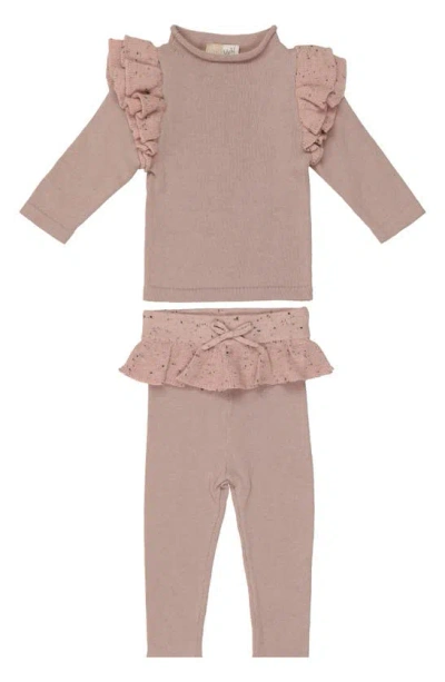 Maniere Babies' Manière Flecked Ruffle Long Sleeve Cotton Blend Top & Leggings Set In Pale Mauve