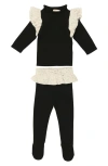 Maniere Manière Flecked Ruffle Long Sleeve Stretch Cotton Top & Leggings Set In Black White