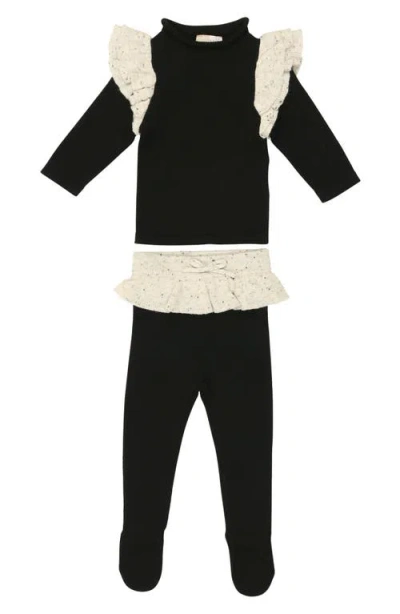 Maniere Babies' Manière Flecked Ruffle Long Sleeve Stretch Cotton Top & Leggings Set In Black White