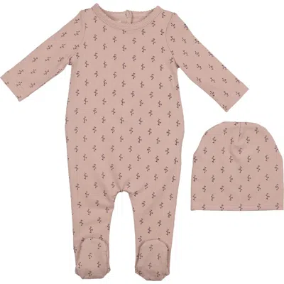 Maniere Babies' Manière Floral Print Cotton Blend Footie & Beanie Set In Pink
