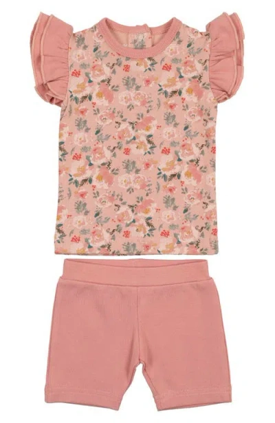 Maniere Babies' Manière Floral Print Top & Shorts Set In Gray