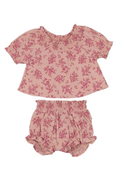 Maniere Babies' Manière Floral Smocked Short Sleeve Top & Bloomers Set In Fuchsia