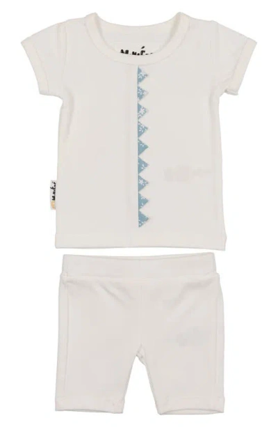 Maniere Floral Triangle Trim Top & Shorts Set In White/ Medium Blue
