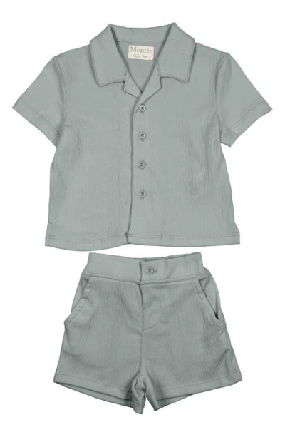 Maniere Babies' Gauze Camp Shirt & Shorts Set In Sage