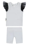 Maniere Babies' Manière Glitter Mesh Top & Shorts Set In White