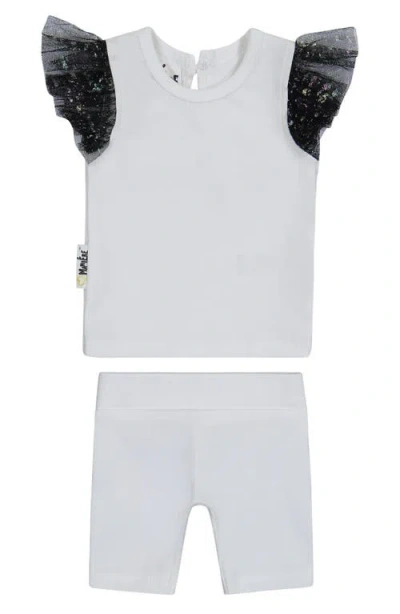 Maniere Babies' Manière Glitter Mesh Top & Shorts Set In White