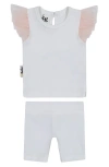 Maniere Babies' Manière Glitter Mesh Top & Shorts Set In White/mauve