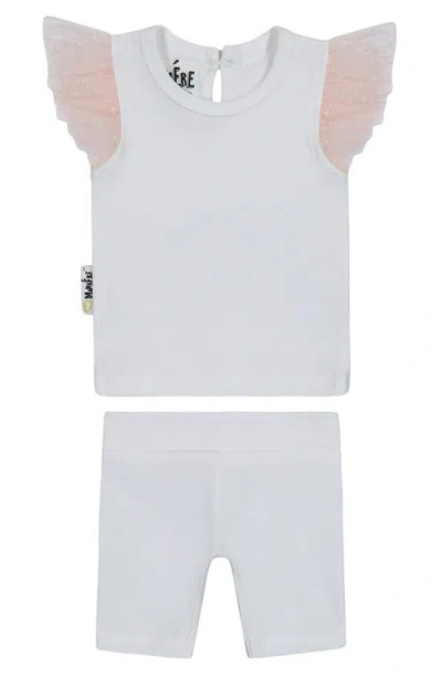 Maniere Babies' Manière Glitter Mesh Top & Shorts Set In White/mauve