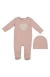 Maniere Babies' Manière Heart Appliqué Footie & Beanie Set In Pink