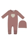 Maniere Babies' Manière Heart Appliqué Footie & Beanie Set In Pink