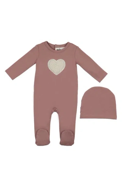 Maniere Babies' Manière Heart Appliqué Footie & Beanie Set In Pink