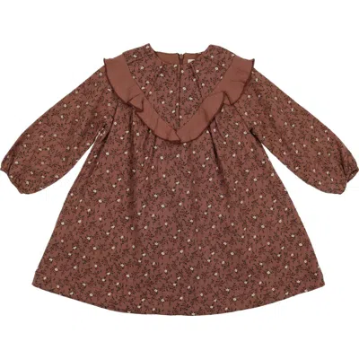 Maniere Babies' Manière Kids' Floral Ruffle Long Sleeve Dress In Brown