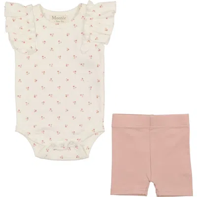 Maniere Babies' Manière Kids' Flutter Sleeve Bodysuit & Shorts Set In Pink