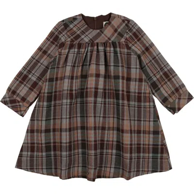 Maniere Babies' Manière Kids' Plaid Long Sleeve Cotton Blend Dress In Brown