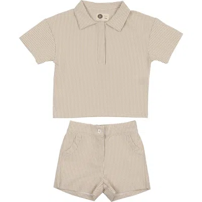 Maniere Manière Kids' Seersucker Polo & Shorts Set In Neutral