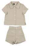 Maniere Manière Kids' Textured Grid Button-up Shirt & Shorts Set In Neutral