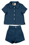 Maniere Babies' Manière Kids' Textured Grid Button-up Shirt & Shorts Set In Blue
