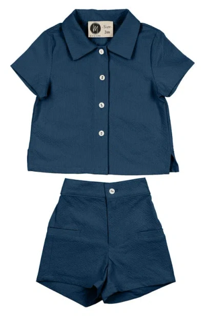 Maniere Babies' Manière Kids' Textured Grid Button-up Shirt & Shorts Set In Blue