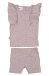 Maniere Babies' Manière Petals & Polka Dots Flutter Sleeve Top & Shorts Set In Mauve