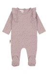 Maniere Manière Petals & Polka Dots Ruffle Accent Cotton Footie In Mauve