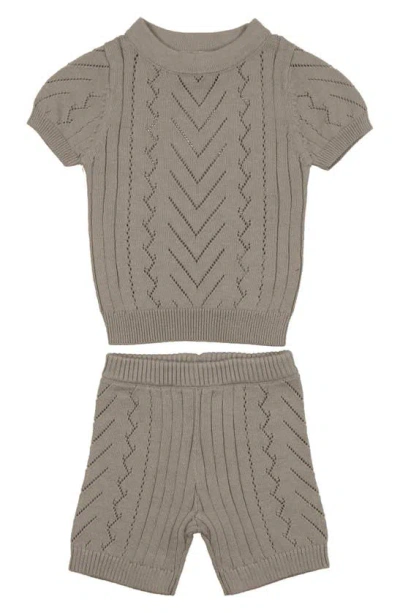 Maniere Babies' Manière Pointelle Short Sleeve Sweater & Shorts Set In Beige