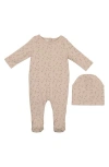 Maniere Babies' Manière Printed Leaf Stretch Cotton Footie & Beanie Set In Brown