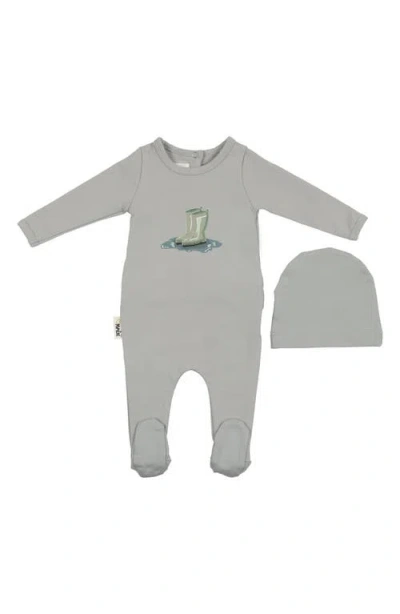 Maniere Babies' Manière Rain Boot Print Footie & Hat Set In Gray