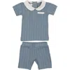 Maniere Manière Raised Stripe Short Sleeve Top & Shorts Set In Blue