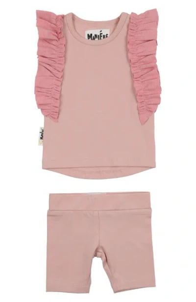 Maniere Babies' Manière Ruffle Edge Stretch Cotton Tank & Shorts Set In Pink