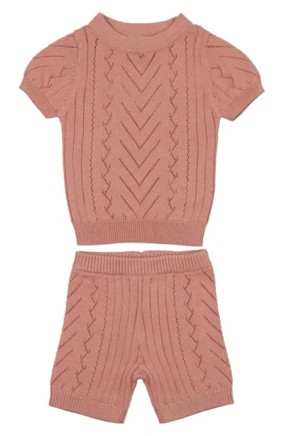 Maniere Babies' Short Sleeve Pointelle Sweater & Shorts Set In Salmon