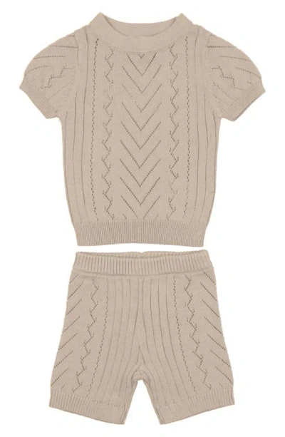 Maniere Babies' Manière Short Sleeve Pointelle Sweater & Shorts Set In Sand