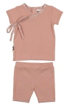 Maniere Babies' Manière Speckle Trim Stretch Cotton Wrap Shirt & Shorts Set In Pink