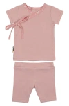 Maniere Manière Speckle Trim Stretch Cotton Wrap Shirt & Shorts Set In Pink