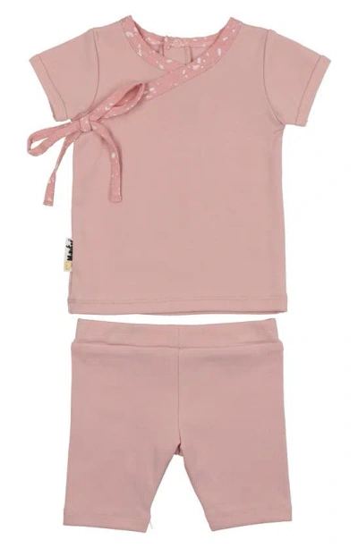 Maniere Babies' Speckle Trim Stretch Cotton Wrap Shirt & Shorts Set In Pink