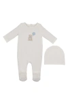 Maniere Manière Teddy Print Cotton Blend Footie & Beanie Set In White