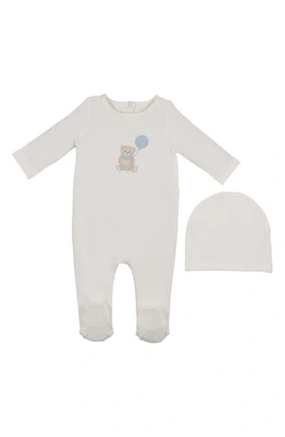 Maniere Babies' Manière Teddy Print Cotton Blend Footie & Beanie Set In White