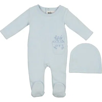 Maniere Babies' Manière Velour Pocket Cotton Blend Footie & Beanie Set In Blue