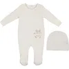 Maniere Babies' Manière Velour Pocket Cotton Blend Footie & Beanie Set In White