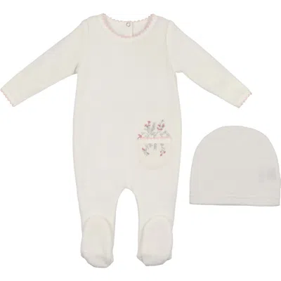 Maniere Babies' Manière Velour Pocket Cotton Blend Footie & Beanie Set In White