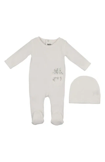 Maniere Babies' Manière Velour Pocket Cotton Blend Footie & Beanie Set In White