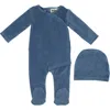 Maniere Manière Velour Wrap Footie & Hat Set In Blue