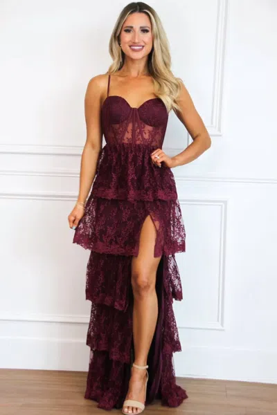 Maniju Beyond Romance Ruffle Lace Bustier Maxi Dress In Wine In Burgundy