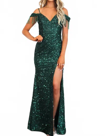 Maniju Daisy Sequin Beaded Fringe Maxi Dress In Emerald In Green