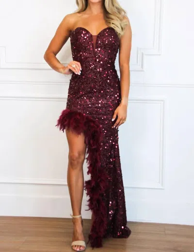Maniju Dance Til Dawn Strapless Feather Sequin Maxi Dress In Burgundy
