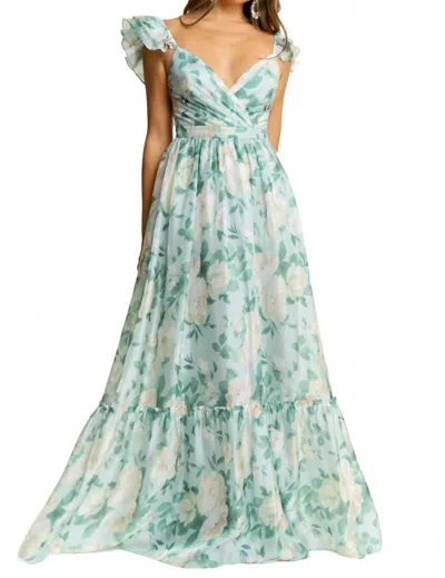 Maniju Flutter Sleeve Organza Print Maxi Gown In Blue