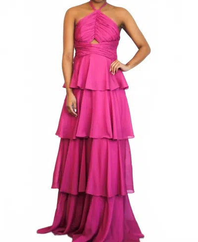 Maniju Gabriela High Neck Tiered Ruffle Shimmer Maxi Dress In Magenta In Pink